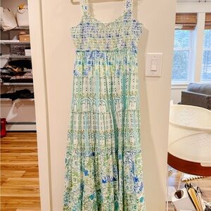 NWT Rococo Sand Elan Boho Blue Green Smocked Maxi Dress Size Medium